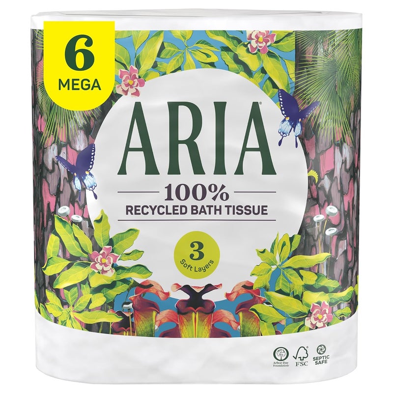 ARIA 100% Recycled Toilet Paper, 6 Rolls, 3-Ply Soft Bath Tissue, Paper Packaging - Image 1